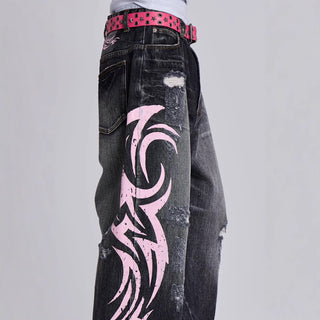 Water Washed Hole Printed Jeans
