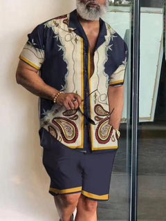 Men's New Polo Collar 3D Printed Casual Slim Fit Shirt Shorts Suit