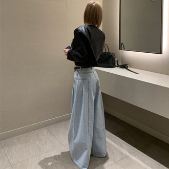 Women's Korean-style Temperament High Waist Pleated Stitching Wide-leg Jeans