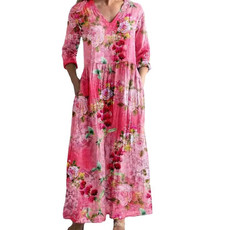 Women's Loose And Fashionable High-end V-neck Printed Dress