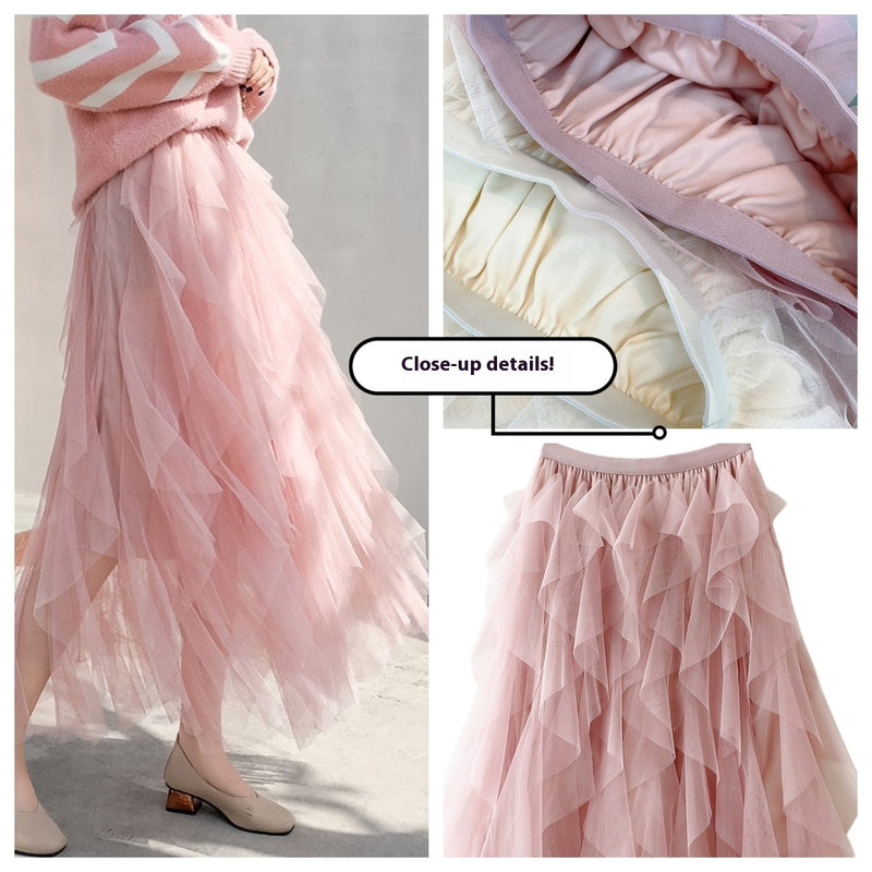 High Waist Mid-length Tassel Elegant Mesh Skirt Ins