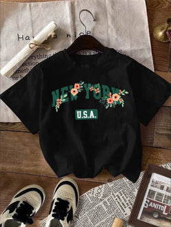 Alphabets Graphic Print Creative T-Shirts, Soft & Elastic Comfy Crew Neck Short Sleeve Tee, Kid's Summer Tops
