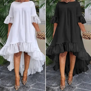 European And American Style Women 3-point Sleeve Irregular Hem Holiday Party Dress Lace Stitching Dress
