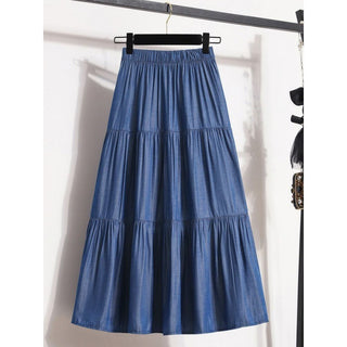 All-match Large Hem Elastic Waist Ice Silk Denim Skirt For Women