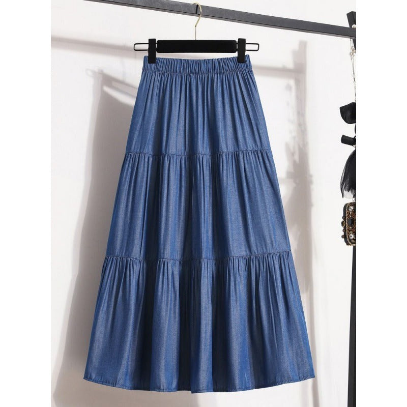 All-match Large Hem Elastic Waist Ice Silk Denim Skirt For Women