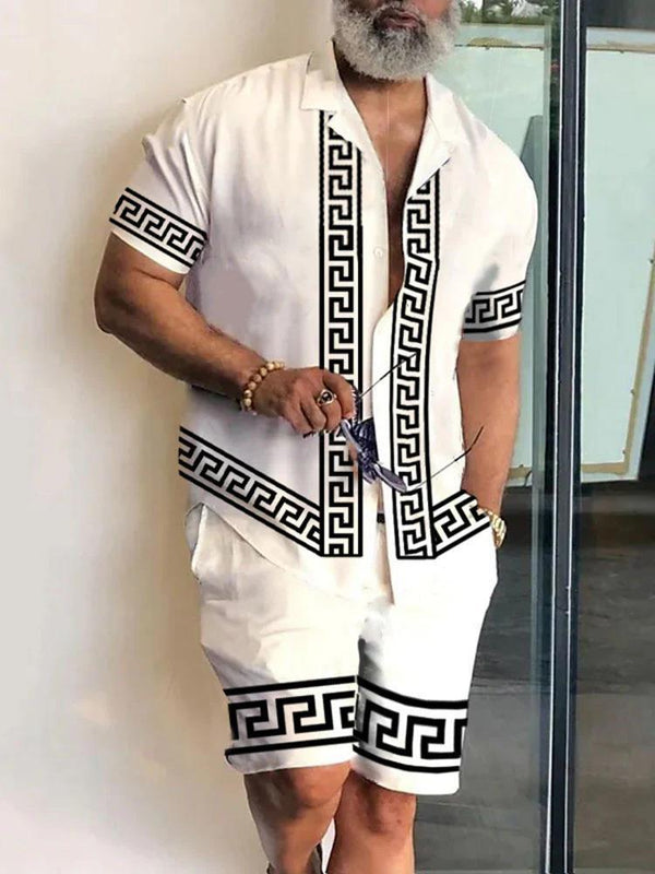 Men's New Polo Collar 3D Printed Casual Slim Fit Shirt Shorts Suit