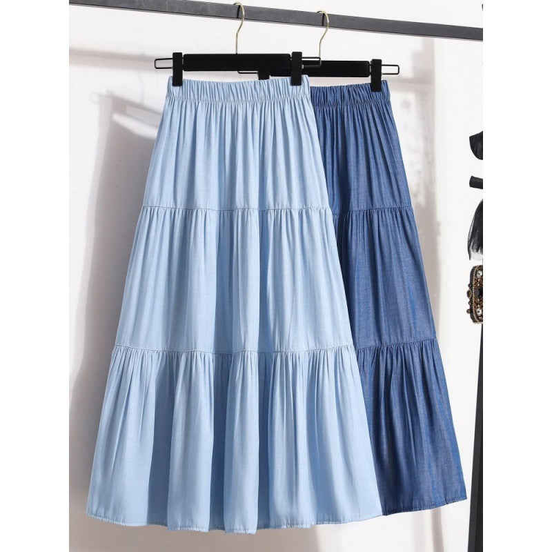 All-match Large Hem Elastic Waist Ice Silk Denim Skirt For Women