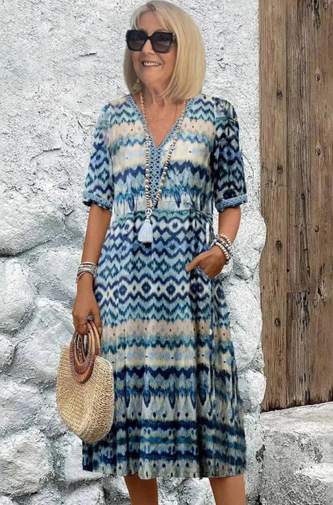 Women's Loose And Fashionable High-end V-neck Printed Dress