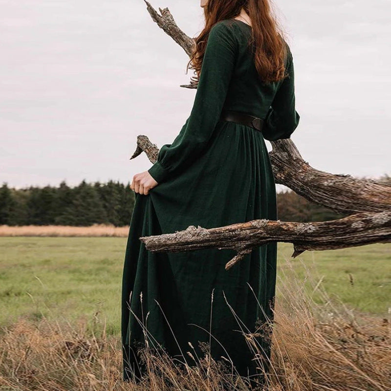 Women's Solid Color Round Neck Long Sleeve Long Dress