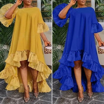 European And American Style Women 3-point Sleeve Irregular Hem Holiday Party Dress Lace Stitching Dress