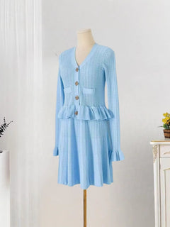 Niche Temperament V-neck Hollow Waist Trimming Knitted Midi Dress