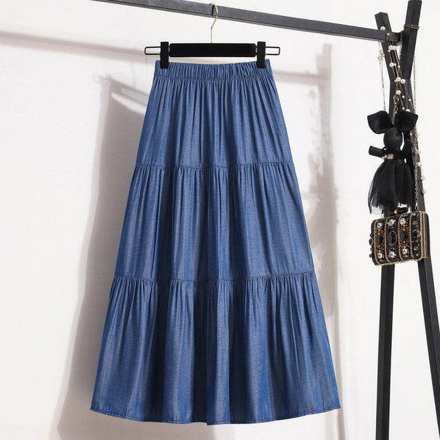 All-match Large Hem Elastic Waist Ice Silk Denim Skirt For Women