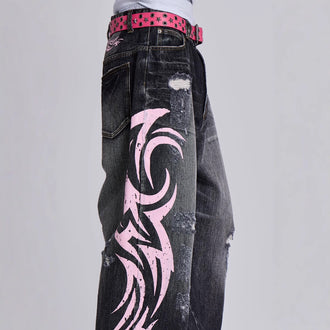 Water Washed Hole Printed Jeans