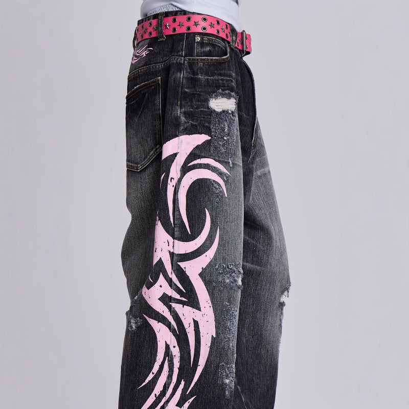 Water Washed Hole Printed Jeans