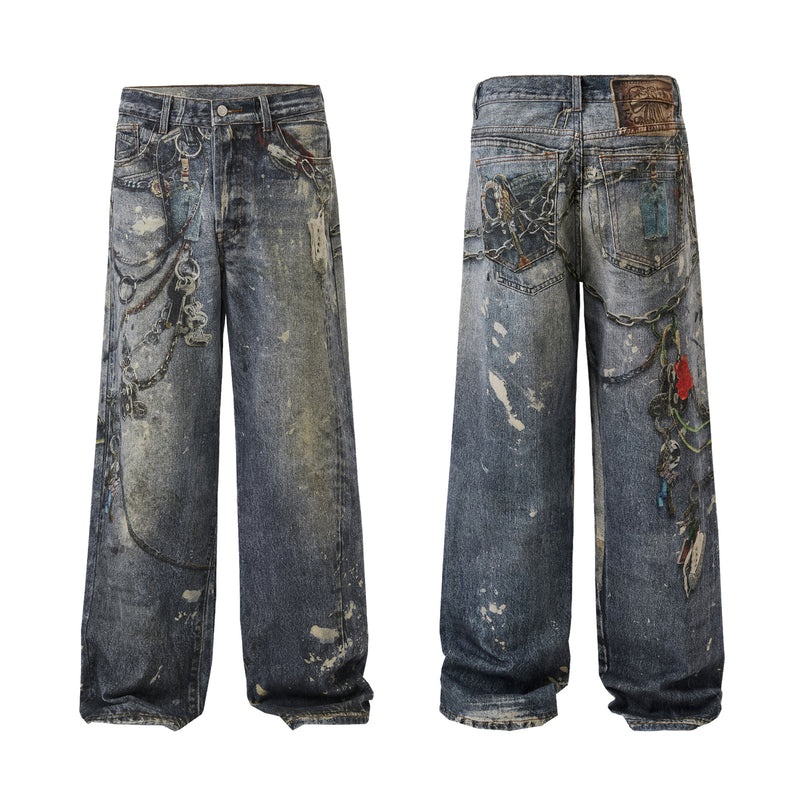 Printed Jeans Men's Loose Straight Personality All-match