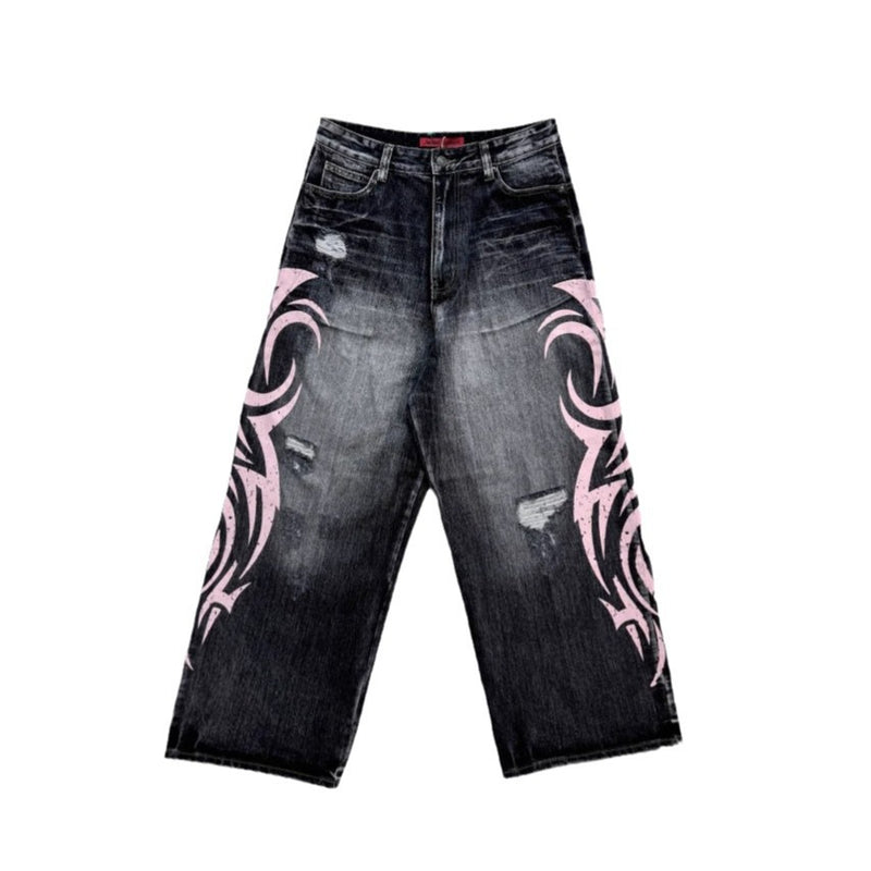 Water Washed Hole Printed Jeans