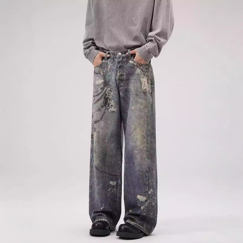 Printed Jeans Men's Loose Straight Personality All-match