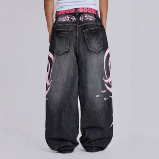 Water Washed Hole Printed Jeans