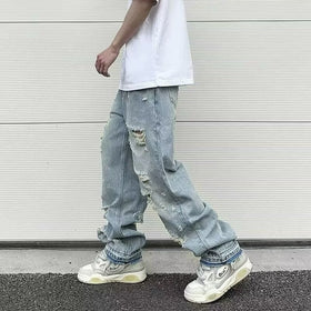 Water Washed Hole Retro Street Wide Leg Jeans