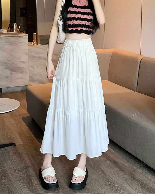 White Elastic High Waist Slimming Tiered Skirt