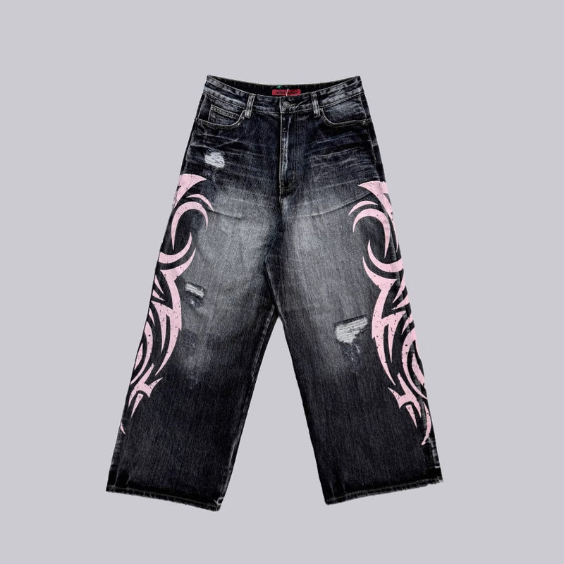 Water Washed Hole Printed Jeans