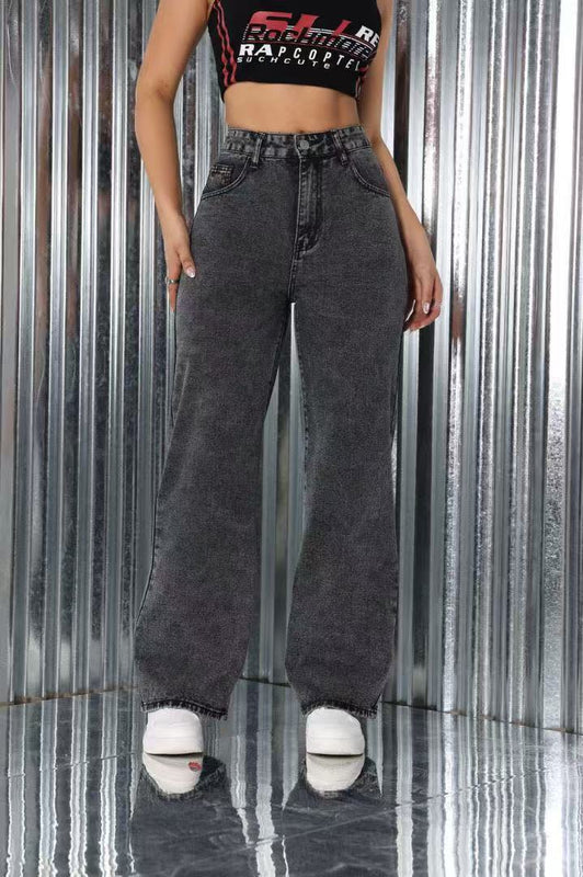 Embroidered Jeans High Waist Straight Loose Casual Trousers Women