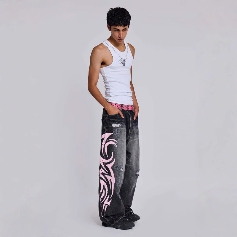 Water Washed Hole Printed Jeans