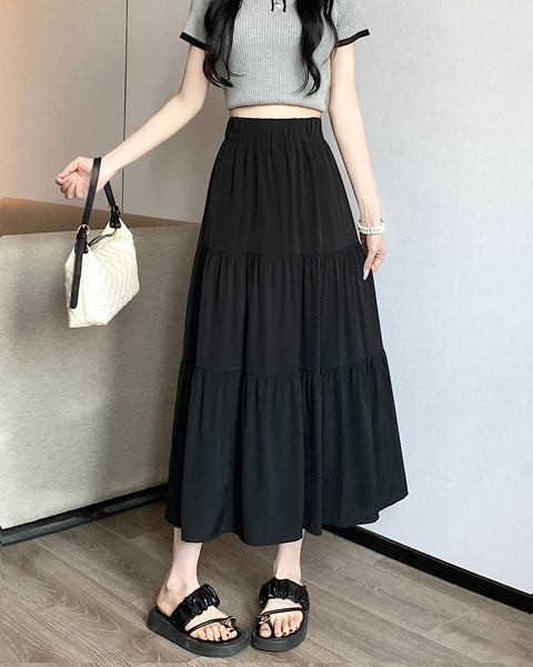White Elastic High Waist Slimming Tiered Skirt