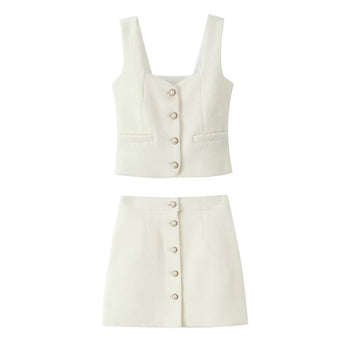 Vest Fastener Decoration Mid-length Dress Set Women