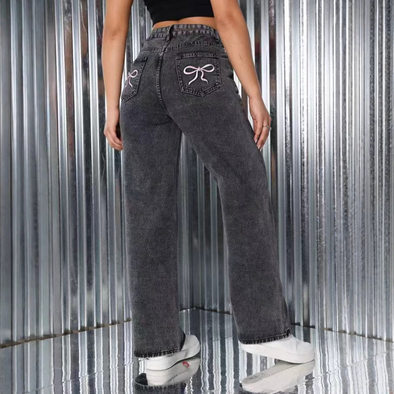 Embroidered Jeans High Waist Straight Loose Casual Trousers Women