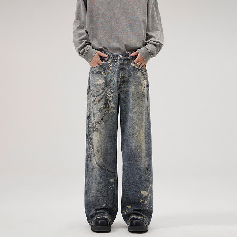 Printed Jeans Men's Loose Straight Personality All-match