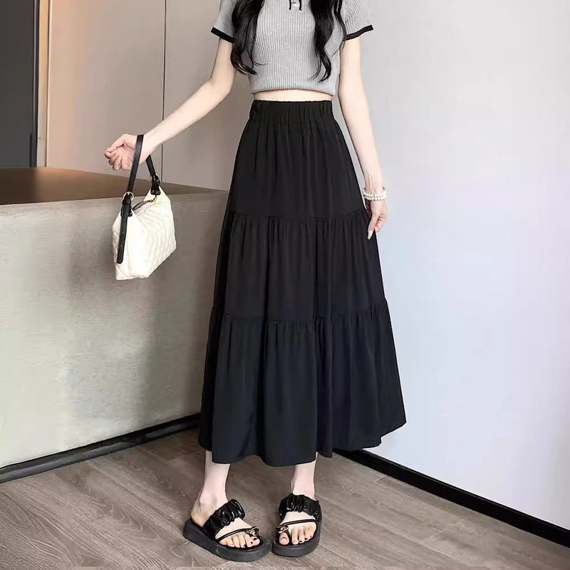White Elastic High Waist Slimming Tiered Skirt