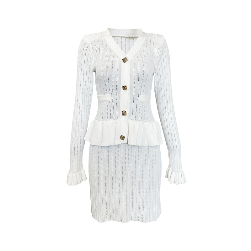 Niche Temperament V-neck Hollow Waist Trimming Knitted Midi Dress