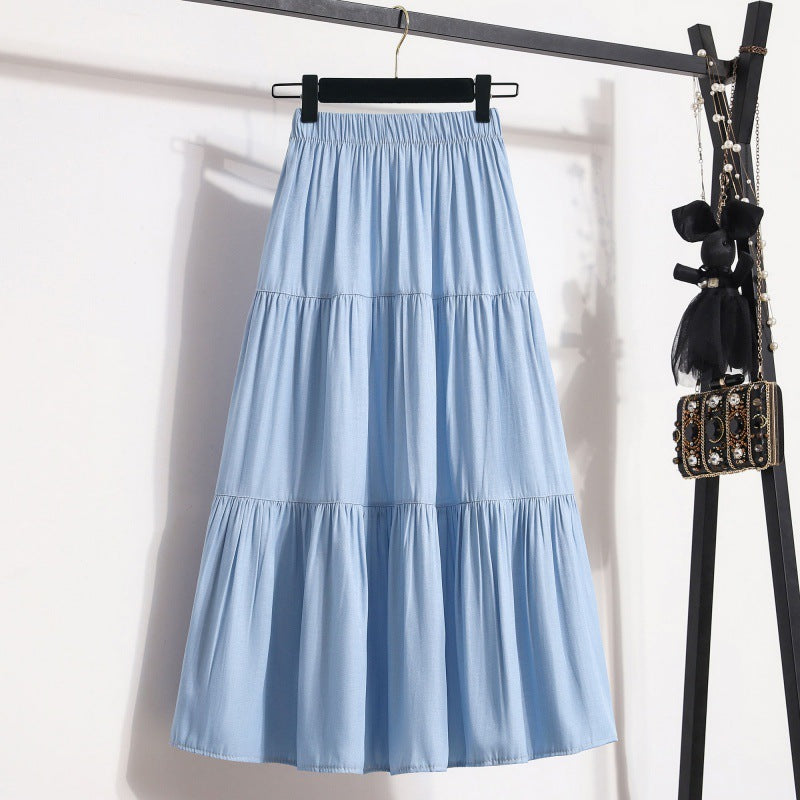 All-match Large Hem Elastic Waist Ice Silk Denim Skirt For Women