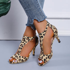 Leopard Print Shoes Open Toe Mid Heel Sandals Party Heels