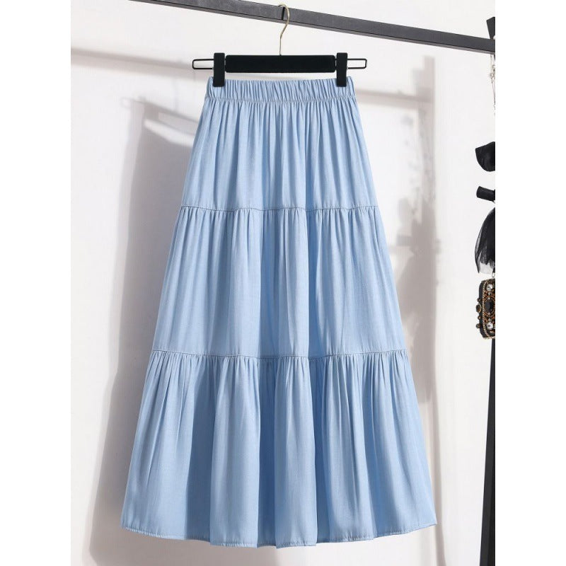 All-match Large Hem Elastic Waist Ice Silk Denim Skirt For Women