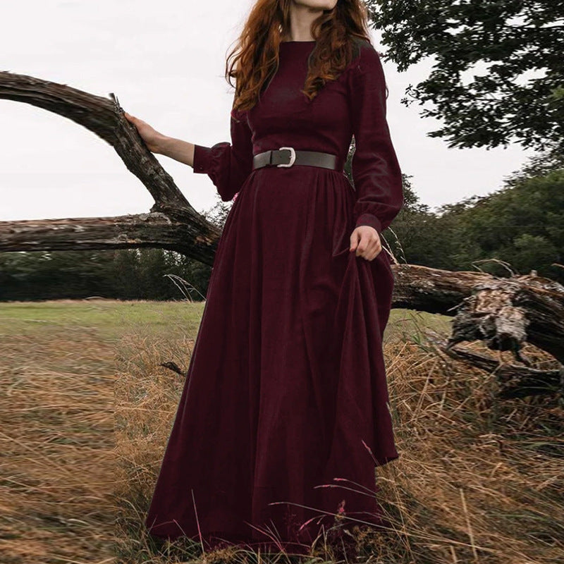 Women's Solid Color Round Neck Long Sleeve Long Dress