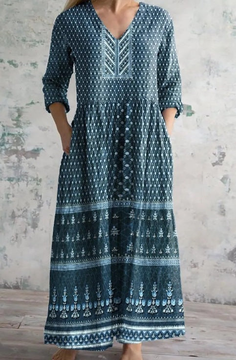 Women's Loose And Fashionable High-end V-neck Printed Dress