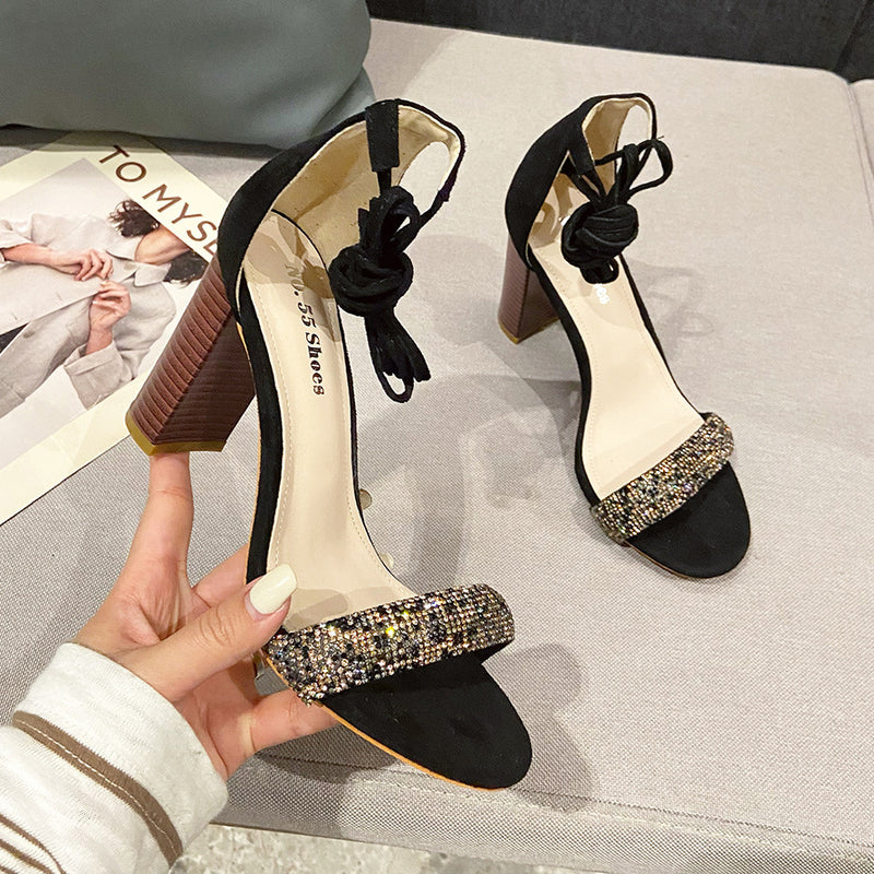 Women's Rhinestone Sandals Chunky Heel Lace Up Party Shoes